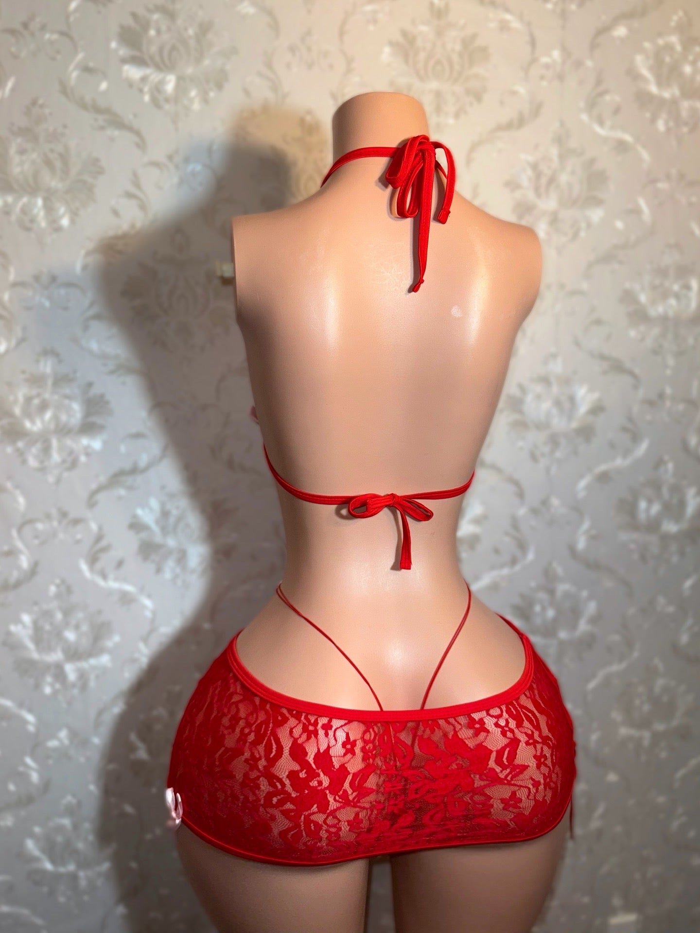 Cherry — Red 3 Piece Lace Skirt Set with Baby Pink Bows Fits XS-M