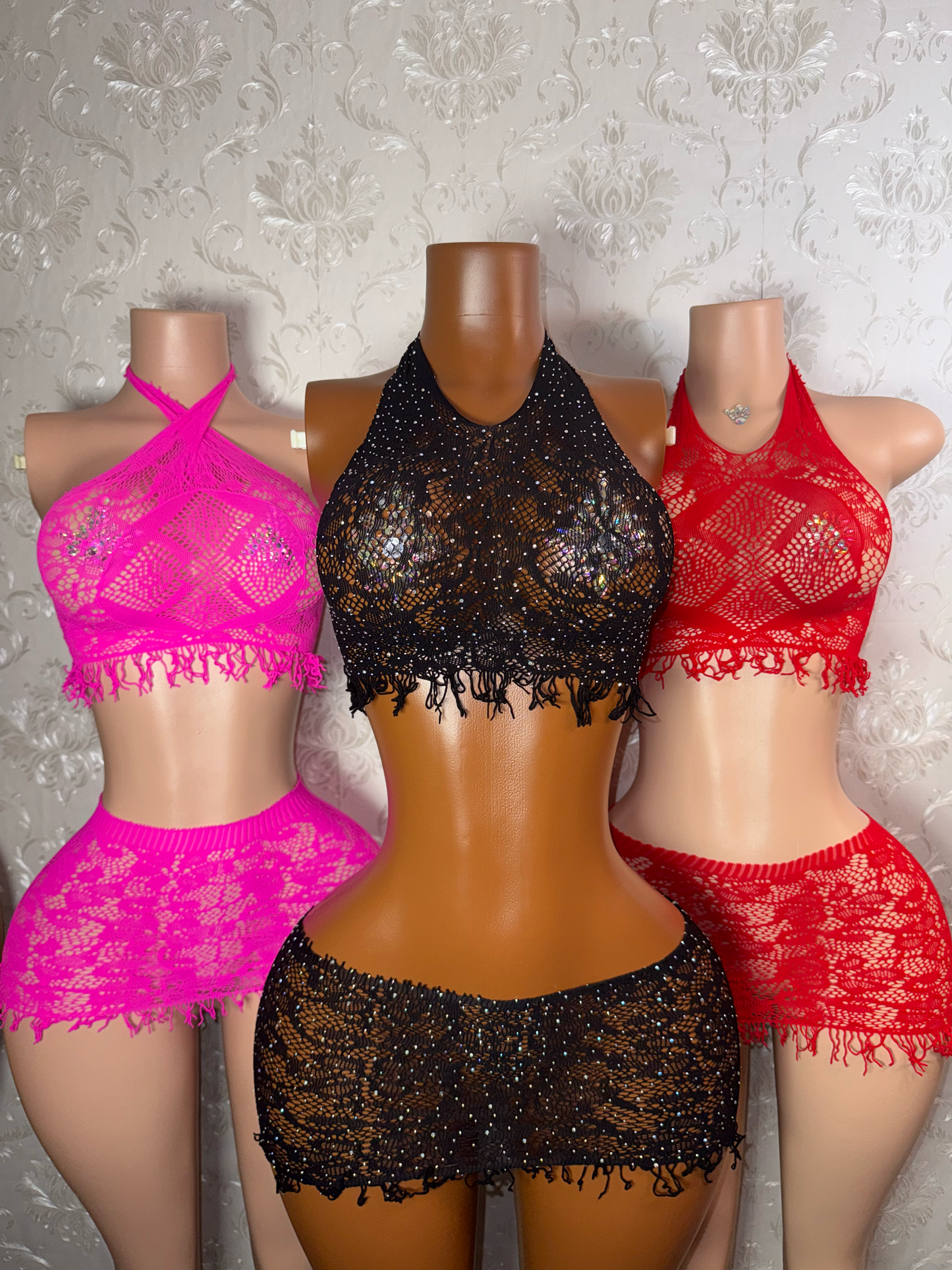 Amber — Fringe Fishnet Tank and Skirt Bikini Cover Up Set Fits XS-L