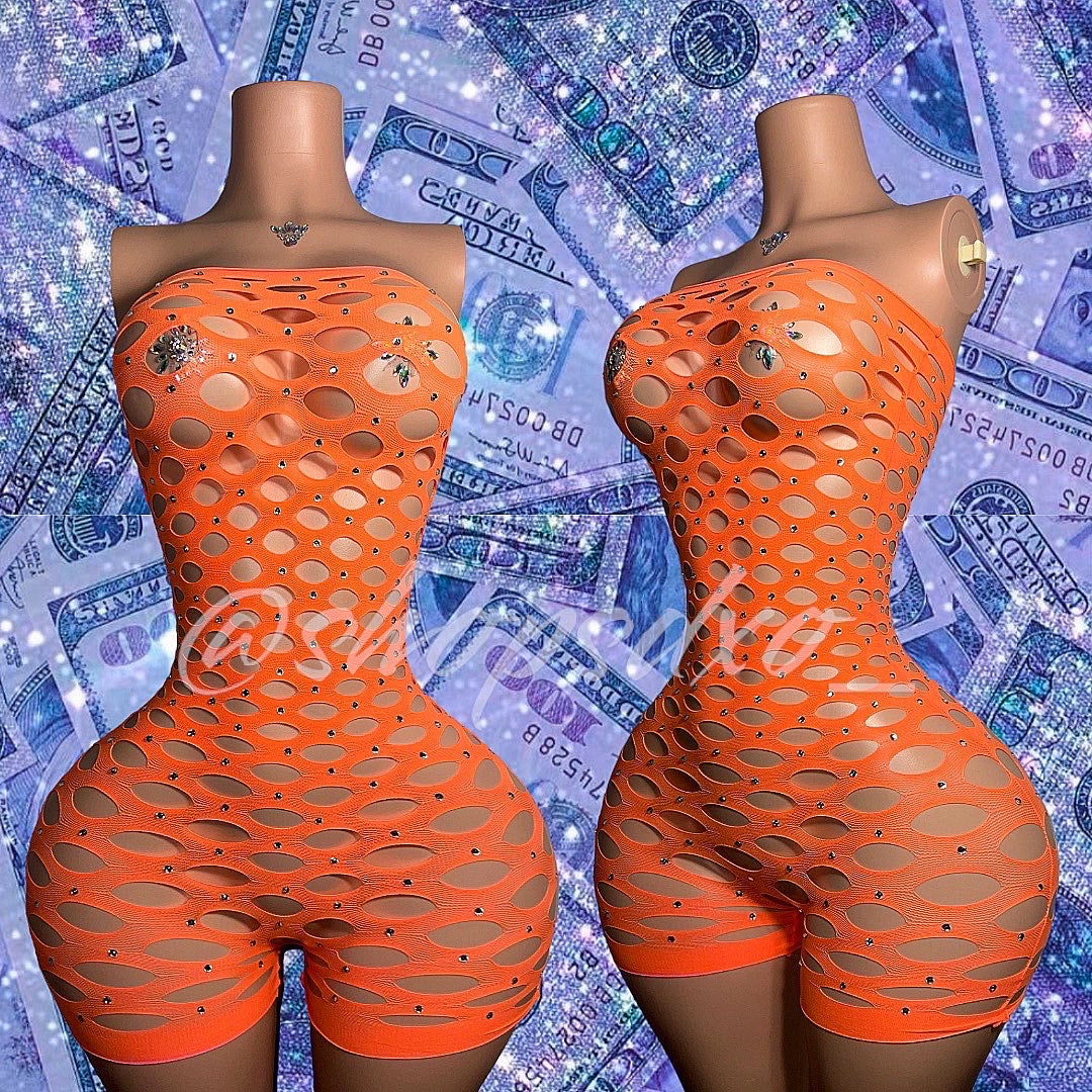 Money Maker Strapless Fishnet Romper with Rhinestones 9 Colors Fits XS-XL