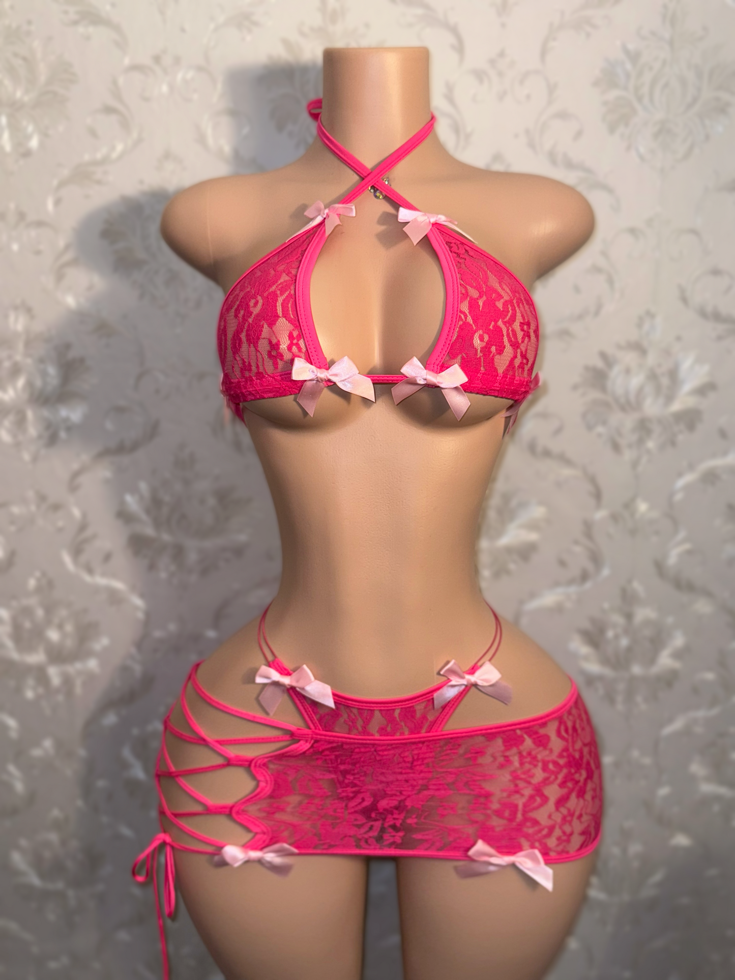 Passion Fruit — Hot Pink 3 Piece Lace Skirt Set with Baby Pink Bows Fits XS-M