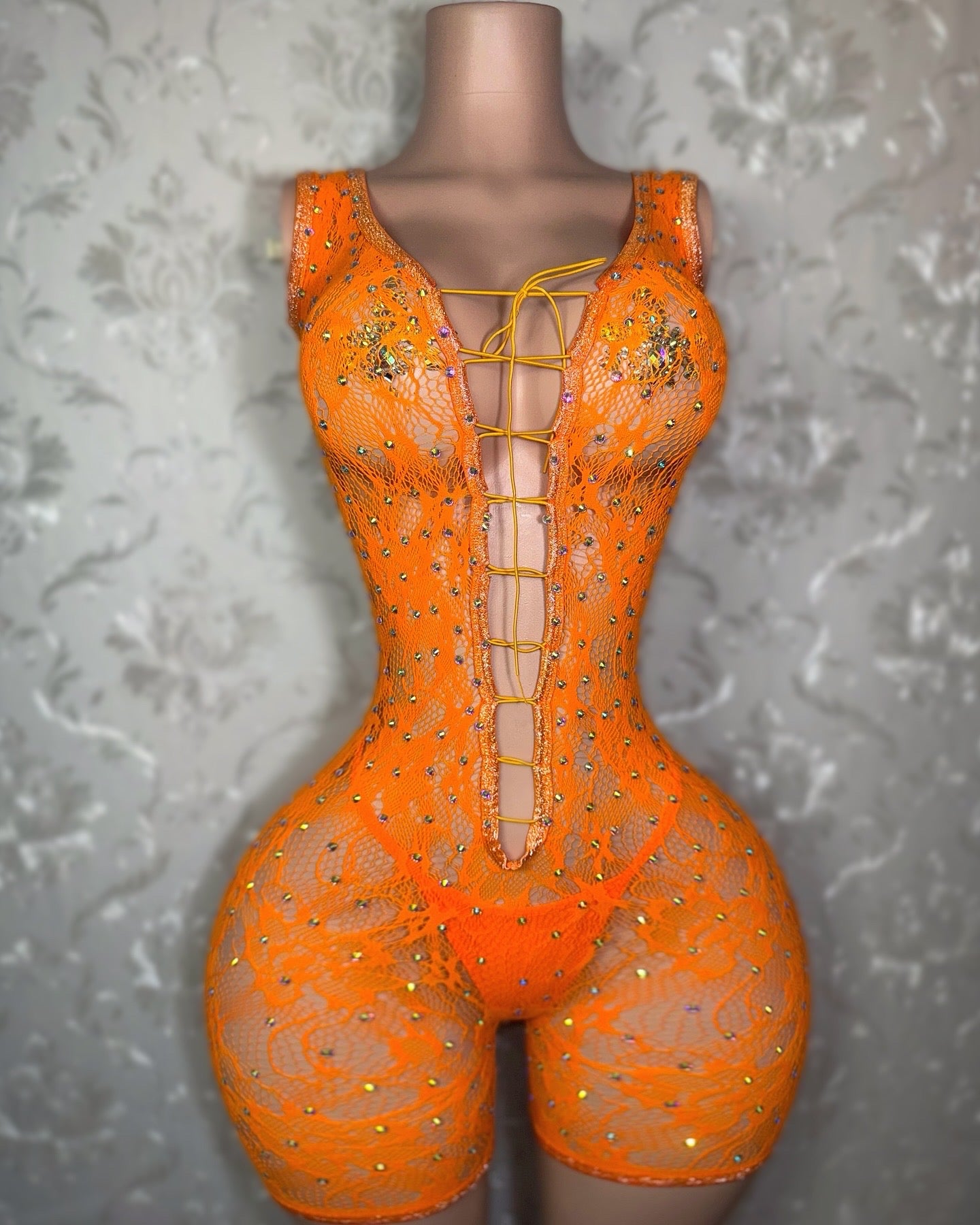 Enchantress Rhinestone Lace Fishnet Romper Set Fits XS-L