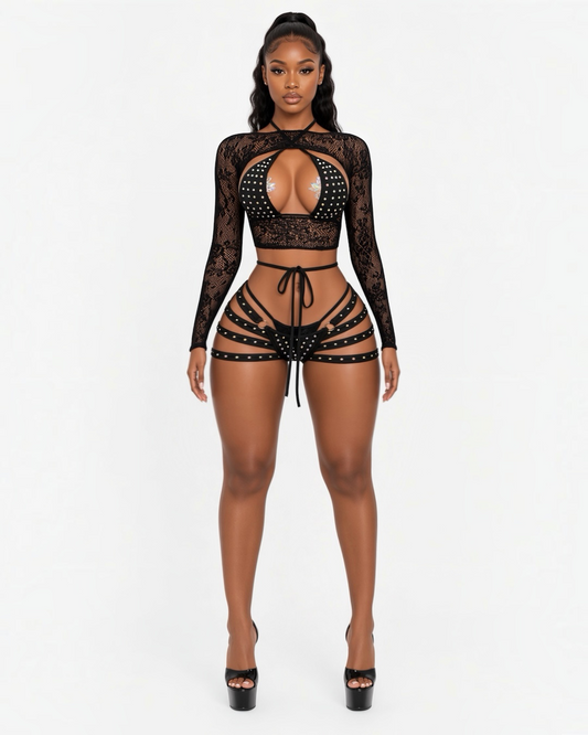 Georgia Peach Kawaii Fishnet 4 Piece Shorts Set Fits XS-M