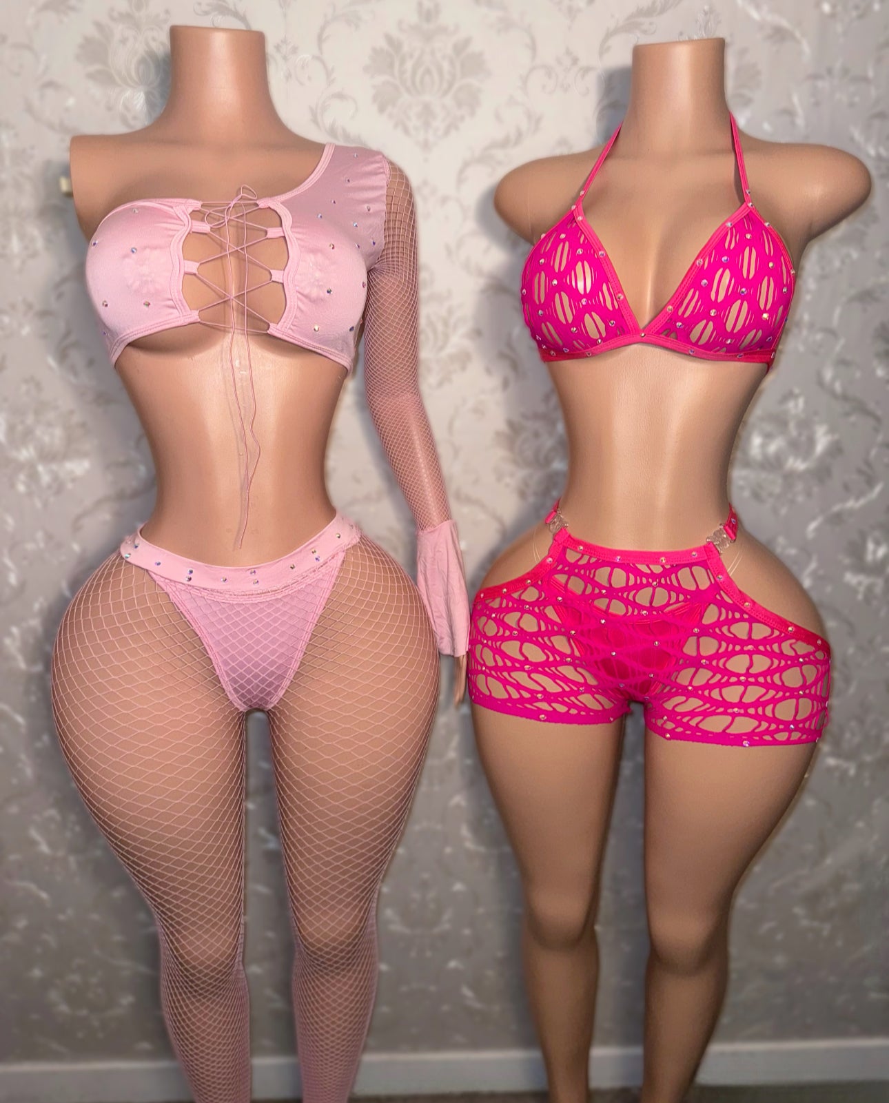 Desiree Rhinestone Fishnet Cut Out Hips Clasp Shorts Set