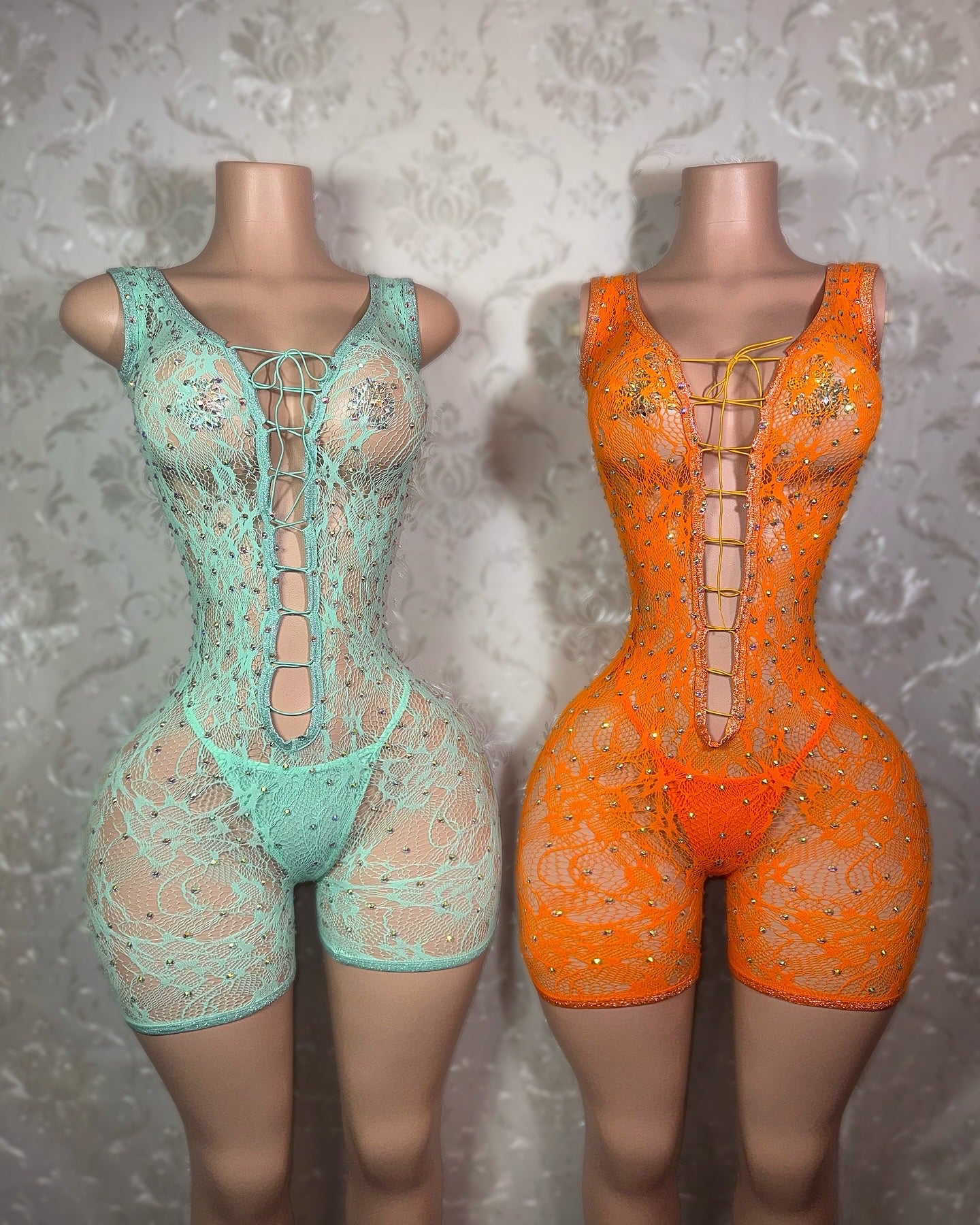 Enchantress Rhinestone Lace Fishnet Romper Set Fits XS-L