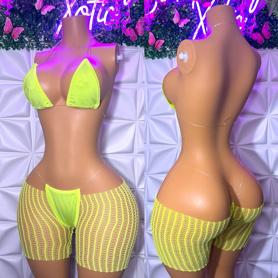Chloe 3 Piece Set Plain Bikini and Cut Off Fishnet Shorts
