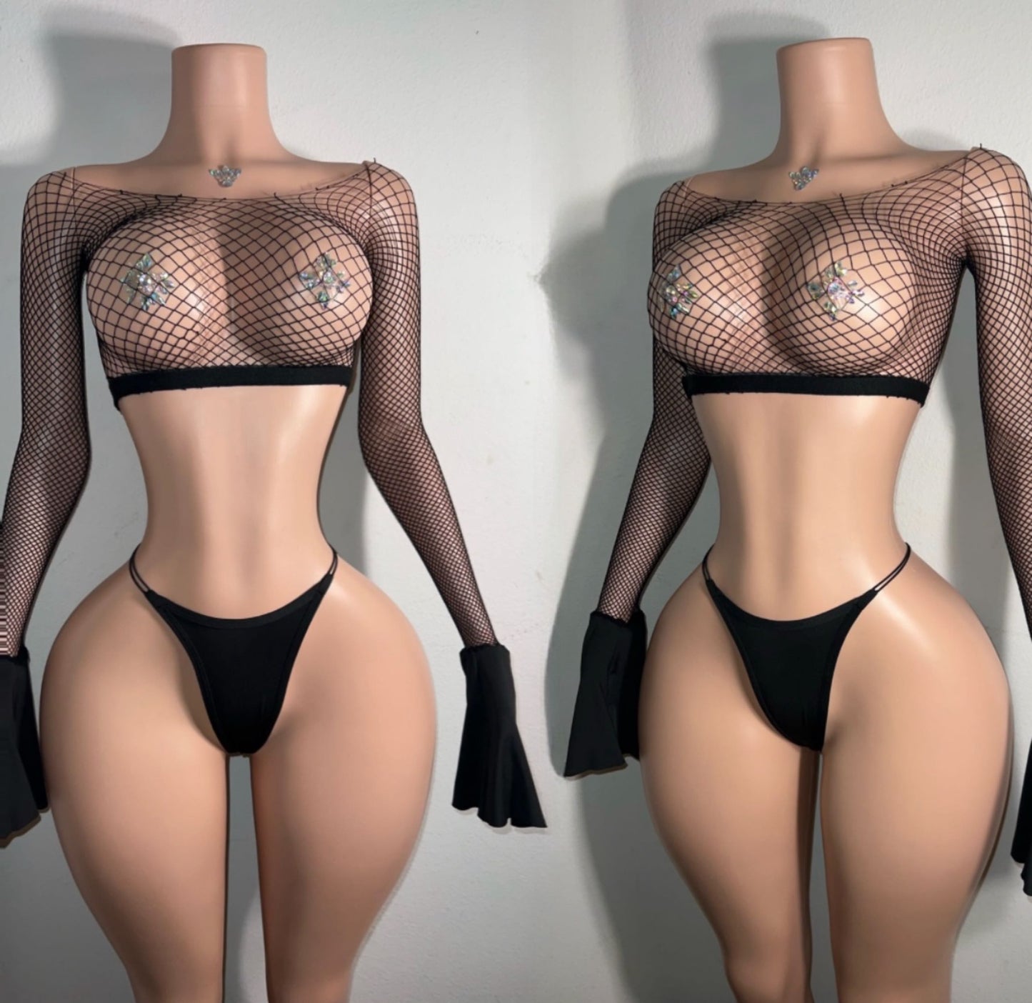 Bella Bell Sleeve Crop Fishnet 2 Piece Set Fits XS-L