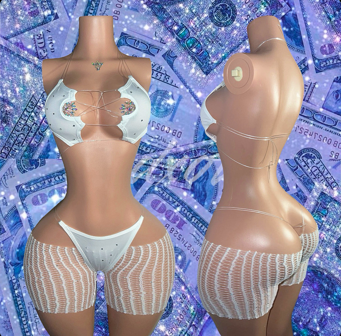 Jayda 3 Piece Set Bikini with Cut-Off Fishnets