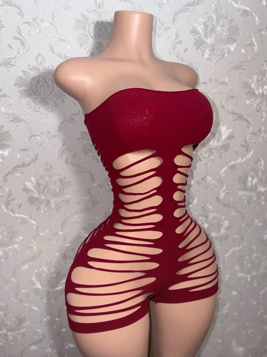Jae Burgundy Sheer Mesh Slits Romper Fits M-XXL