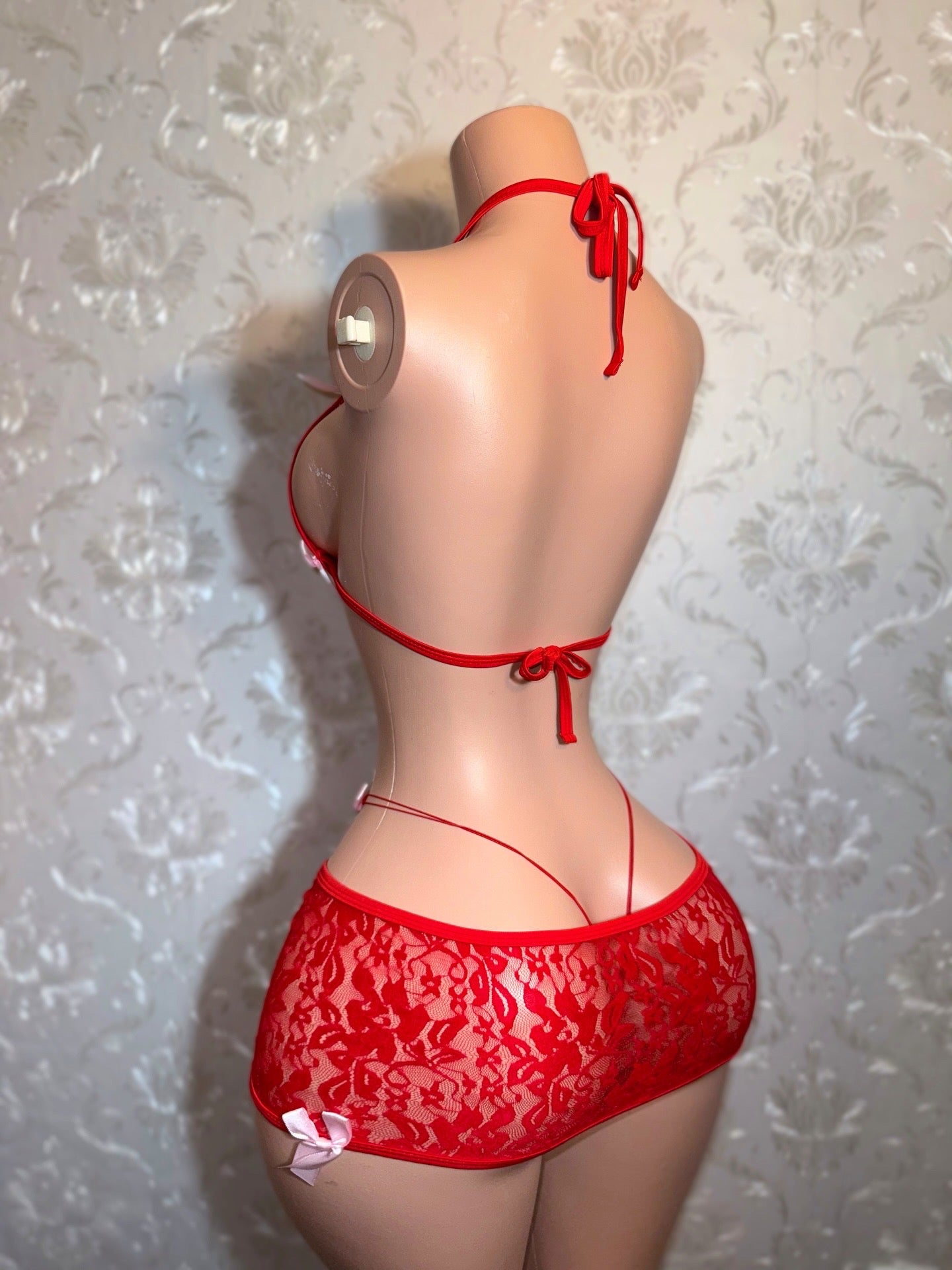 Cherry — Red 3 Piece Lace Skirt Set with Baby Pink Bows Fits XS-M