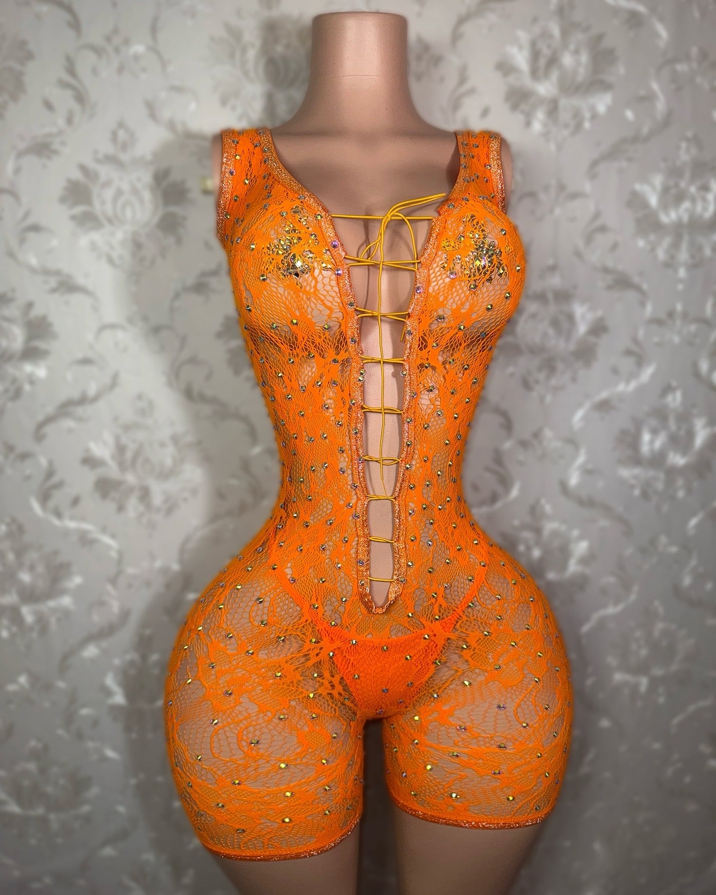 Enchantress Rhinestone Lace Fishnet Romper Set Fits XS-L