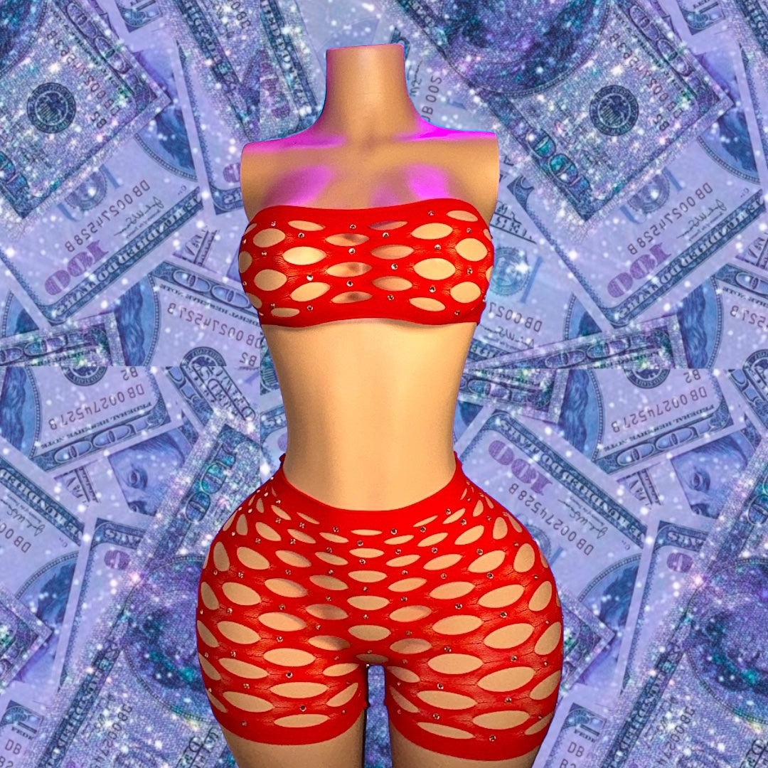 My Type — Rhinestone Fishnet Shorts Set Fits XS-L