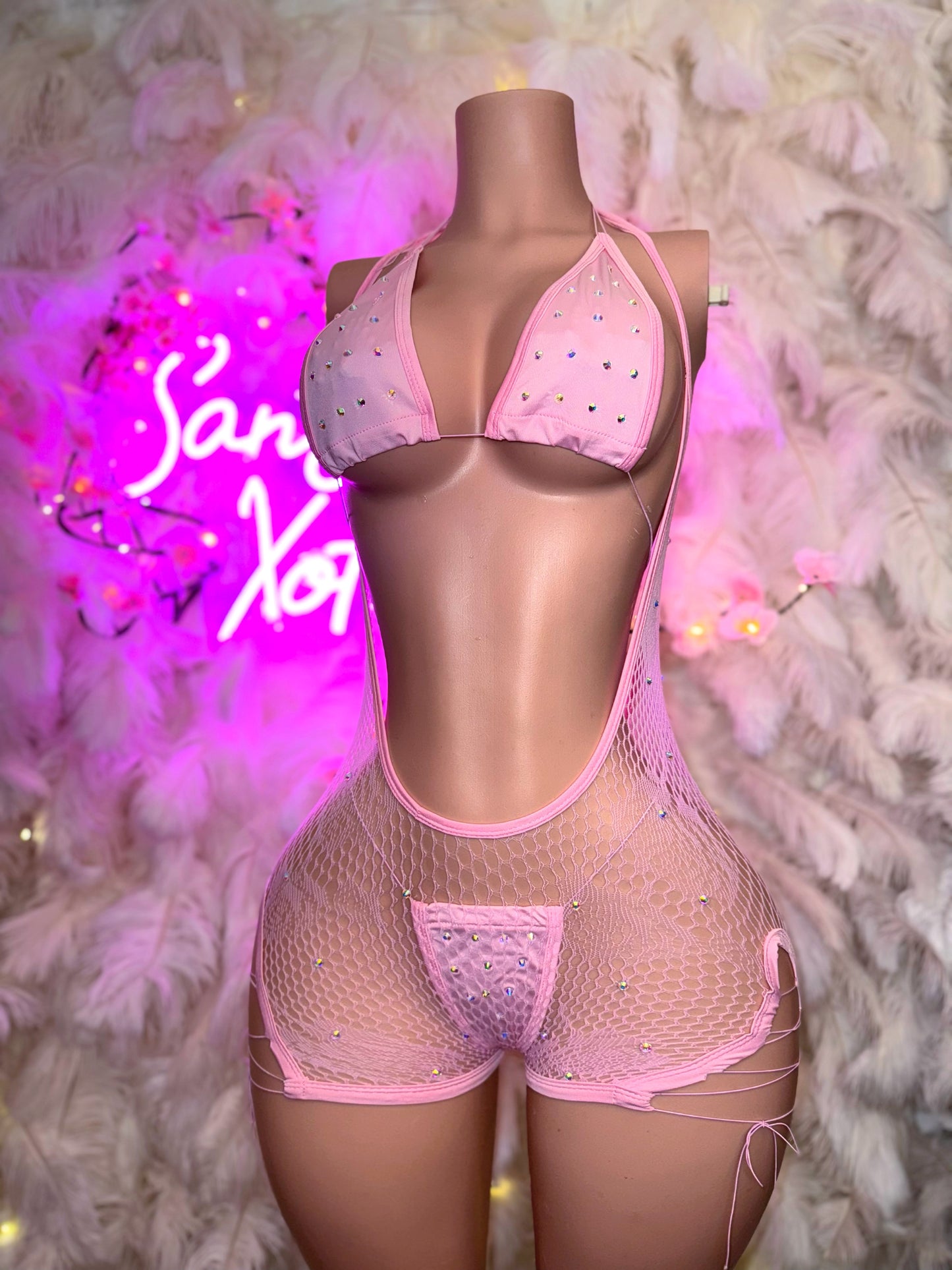 Plain Jane — 3 Piece Bikini and Lightly Stoned Hammock Fishnet Overalls Set Fits XS-L