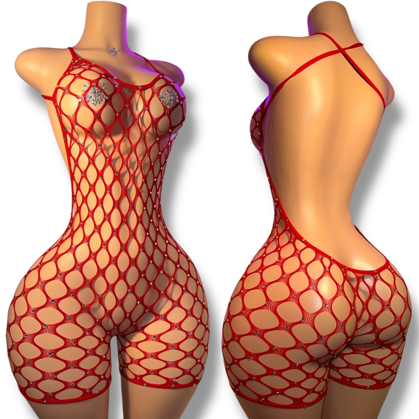 Apple Bottom — Full Coverage Rhinestones Fishnet Romper Fits XS-M