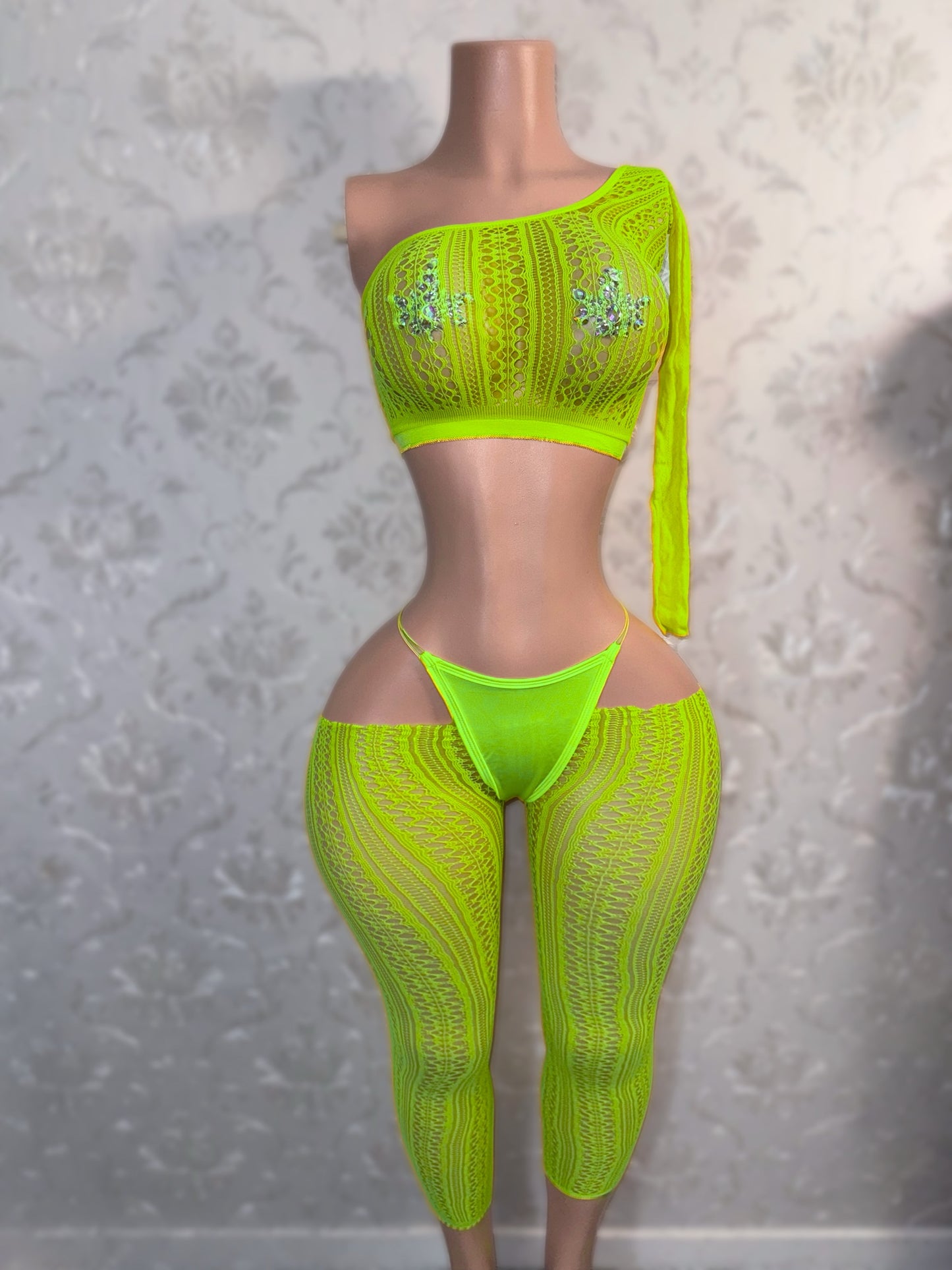 Leila Mandala Lace Fishnet Cut Off Pants Set Optional Thong Fits XS-L