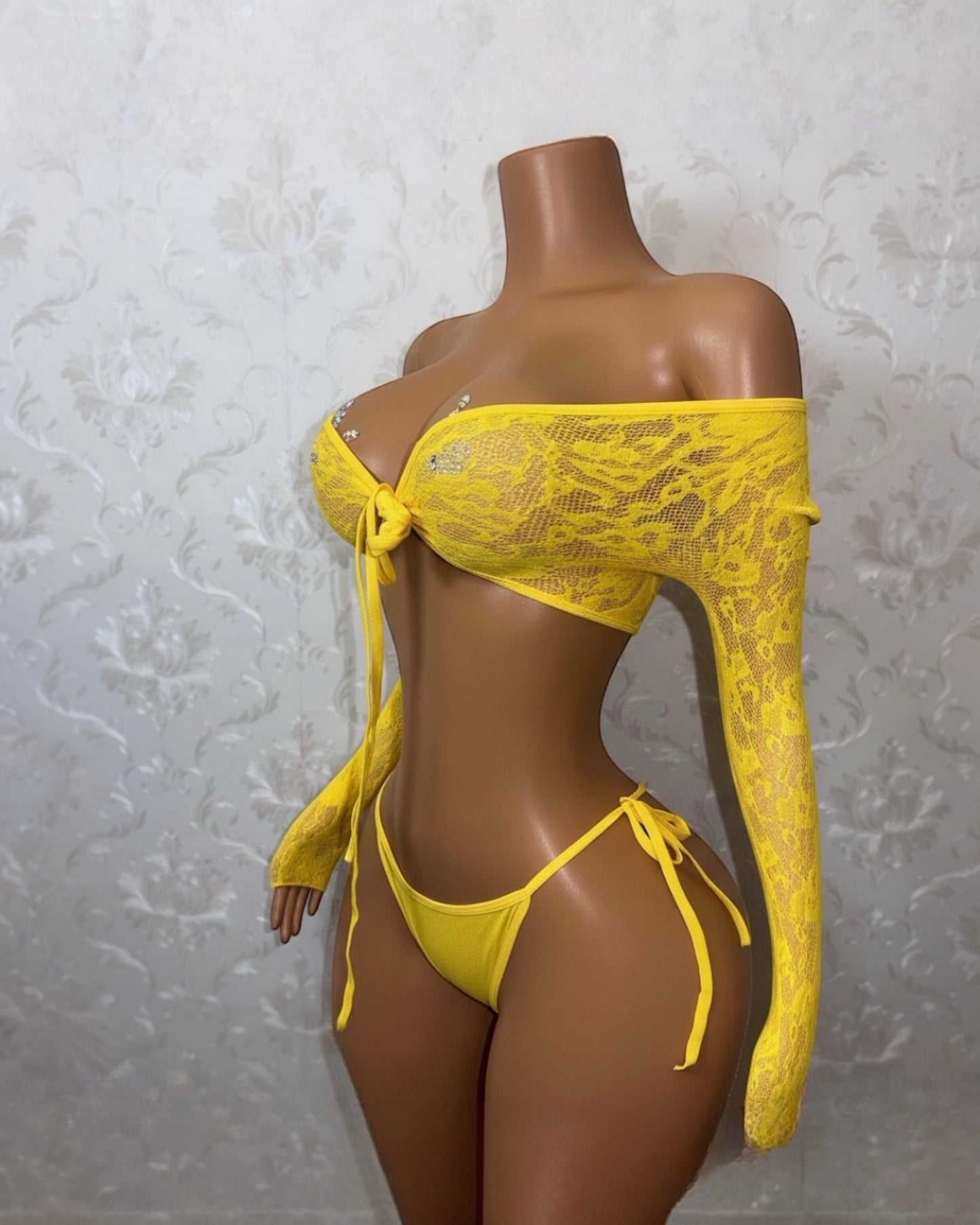 Venus Fishnet Criss Crossed Long Sleeve Top and Thong Fits XS-L