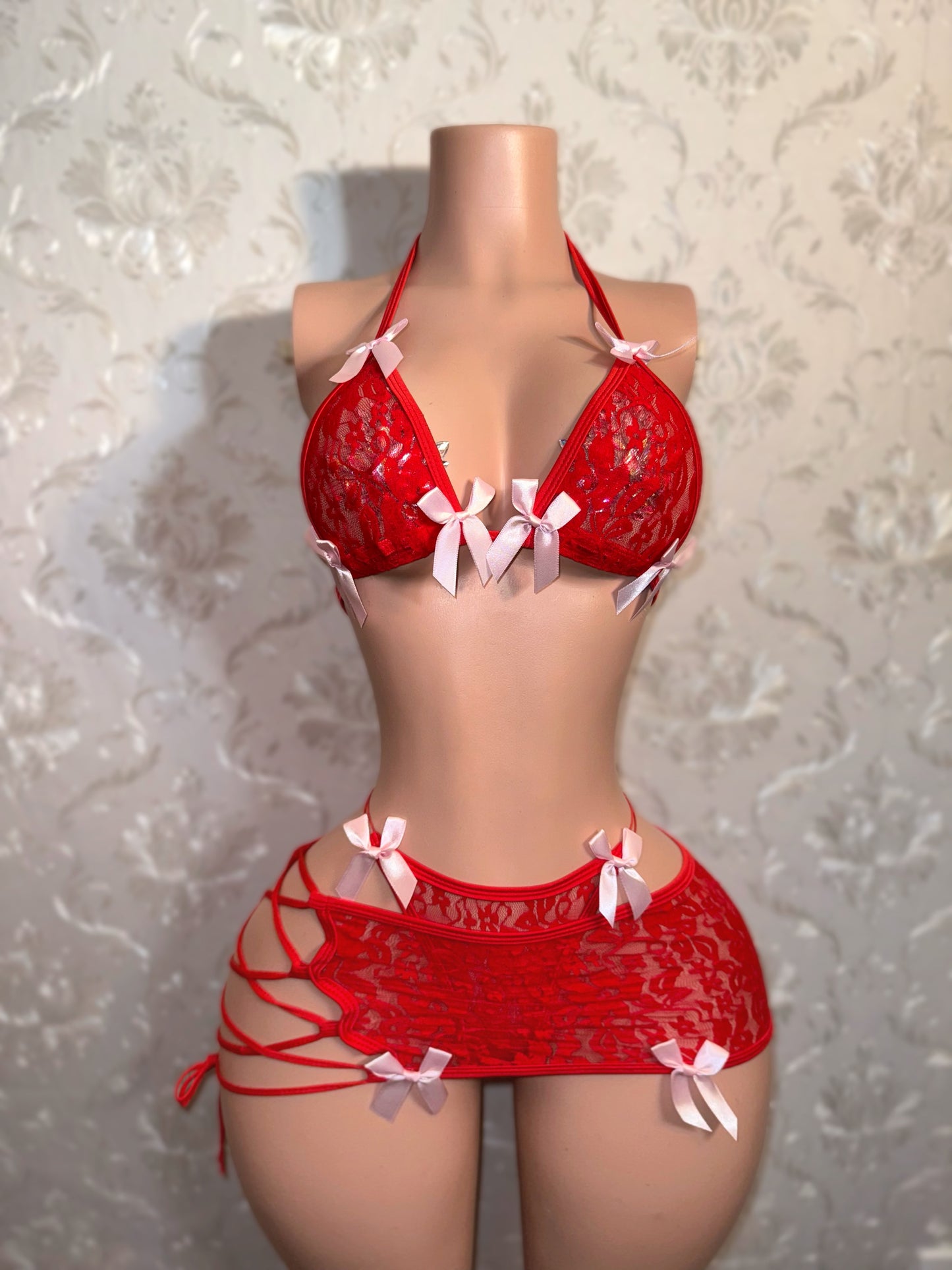 Cherry — Red 3 Piece Lace Skirt Set with Baby Pink Bows Fits XS-M