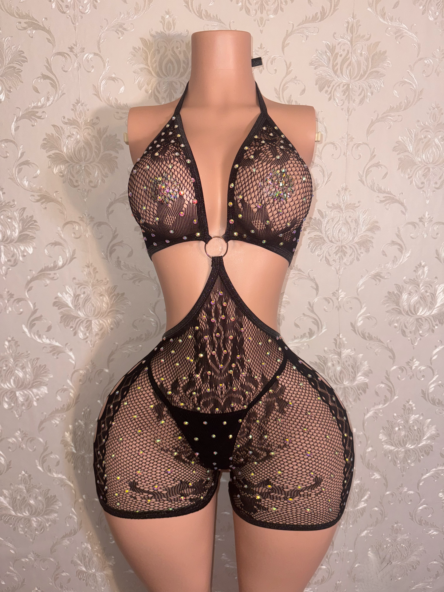 Ice Spice — Hot Pink Lace Fishnet Romper with Thong