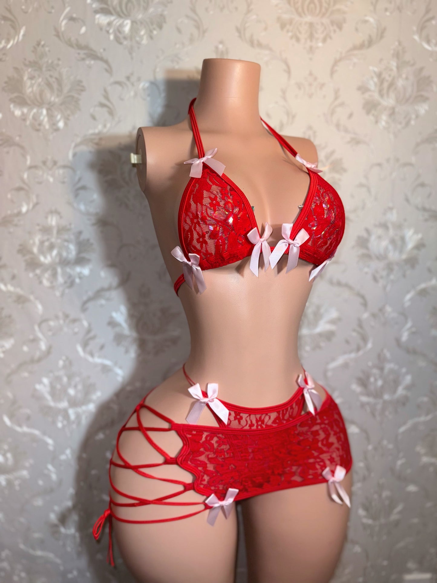 Cherry — Red 3 Piece Lace Skirt Set with Baby Pink Bows Fits XS-M