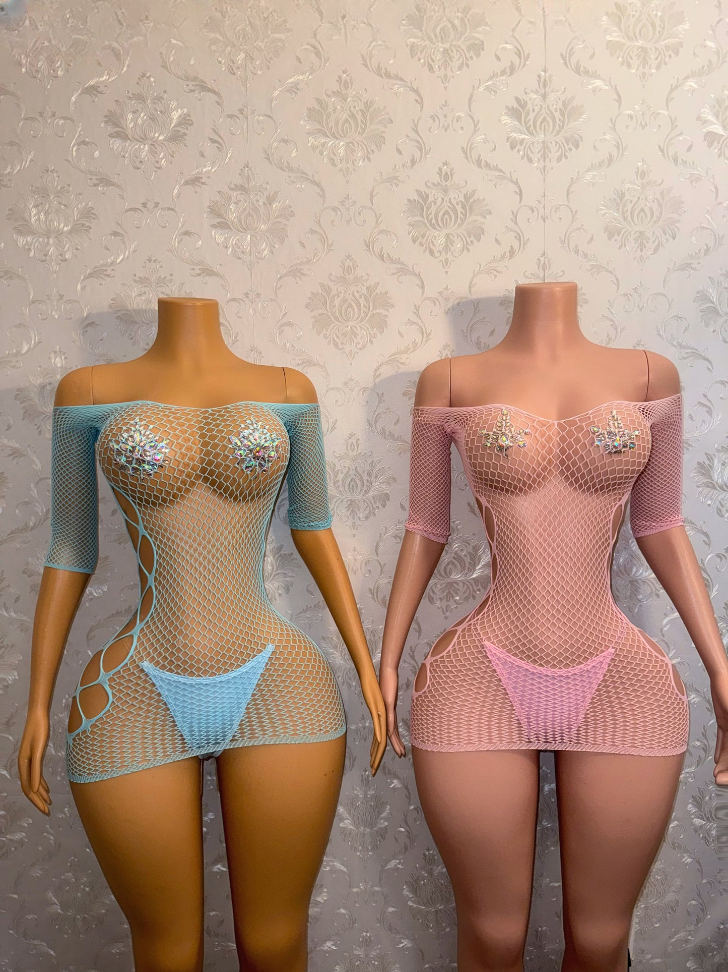 Teyana Fishnet Dress Optional Thong Fits XS-L