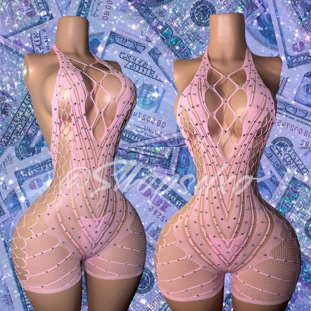 PLT Original Halter Fishnet Romper with Rhinestones Fits XS-XL