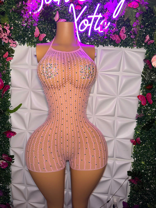 Serena Halter Fishnet Romper with Rhinestones Fits XS-XL
