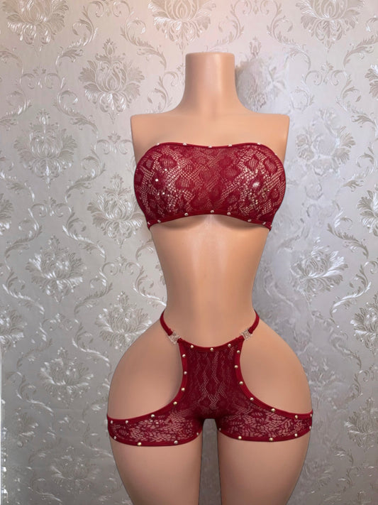Jacqueline Burgundy Cut Out Fishnet Shorts Set Fits S-L
