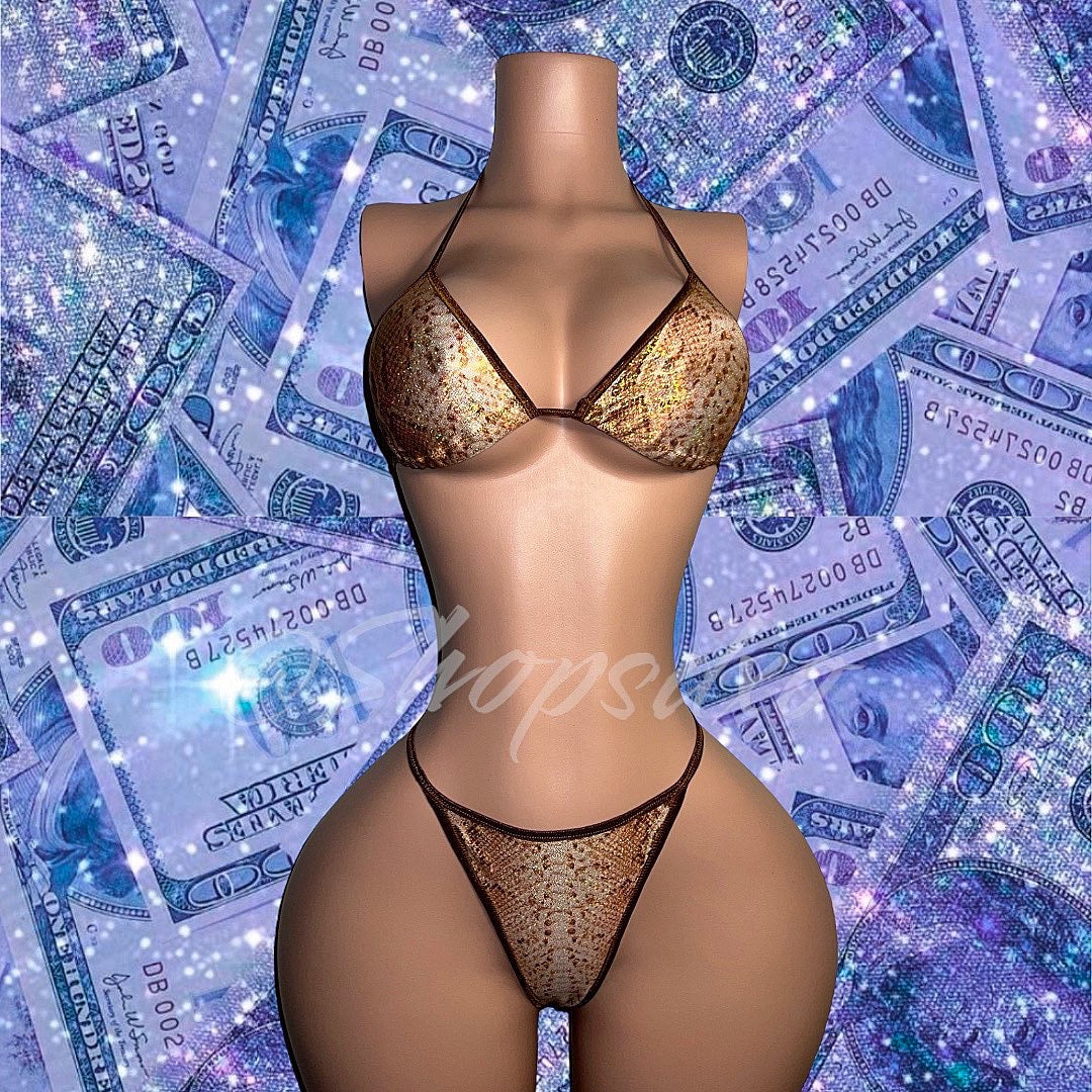 Better in Brown Champagne Gold Snakeskin Bikini with Stones