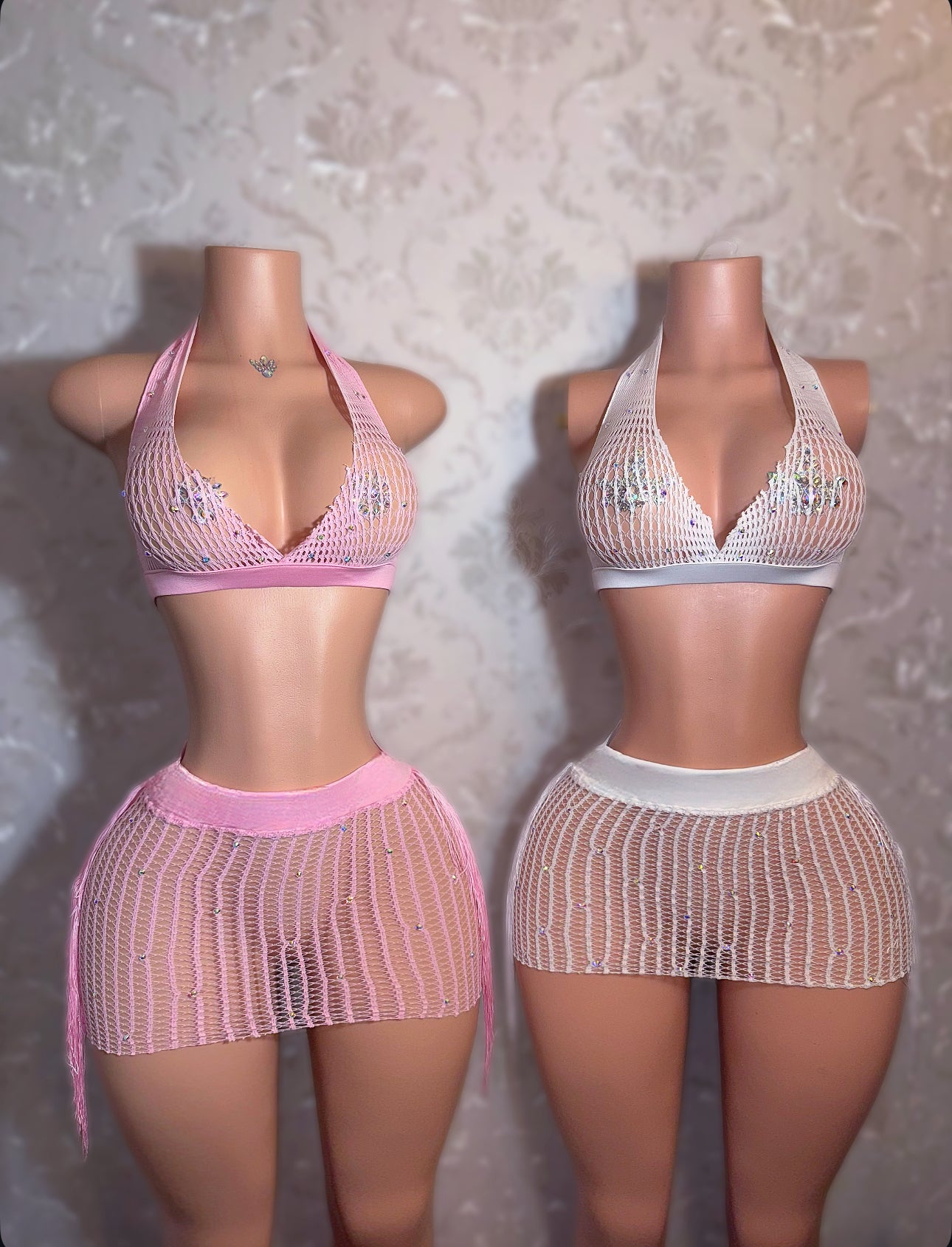 Kimmie Rhinestone Tassel Fishnet Skirt Set Fits S-L