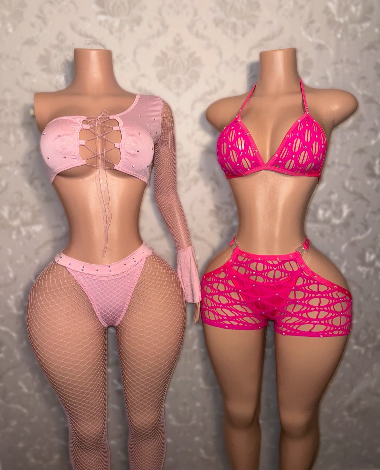Desiree Rhinestone Fishnet Cut Out Hips Clasp Shorts Set