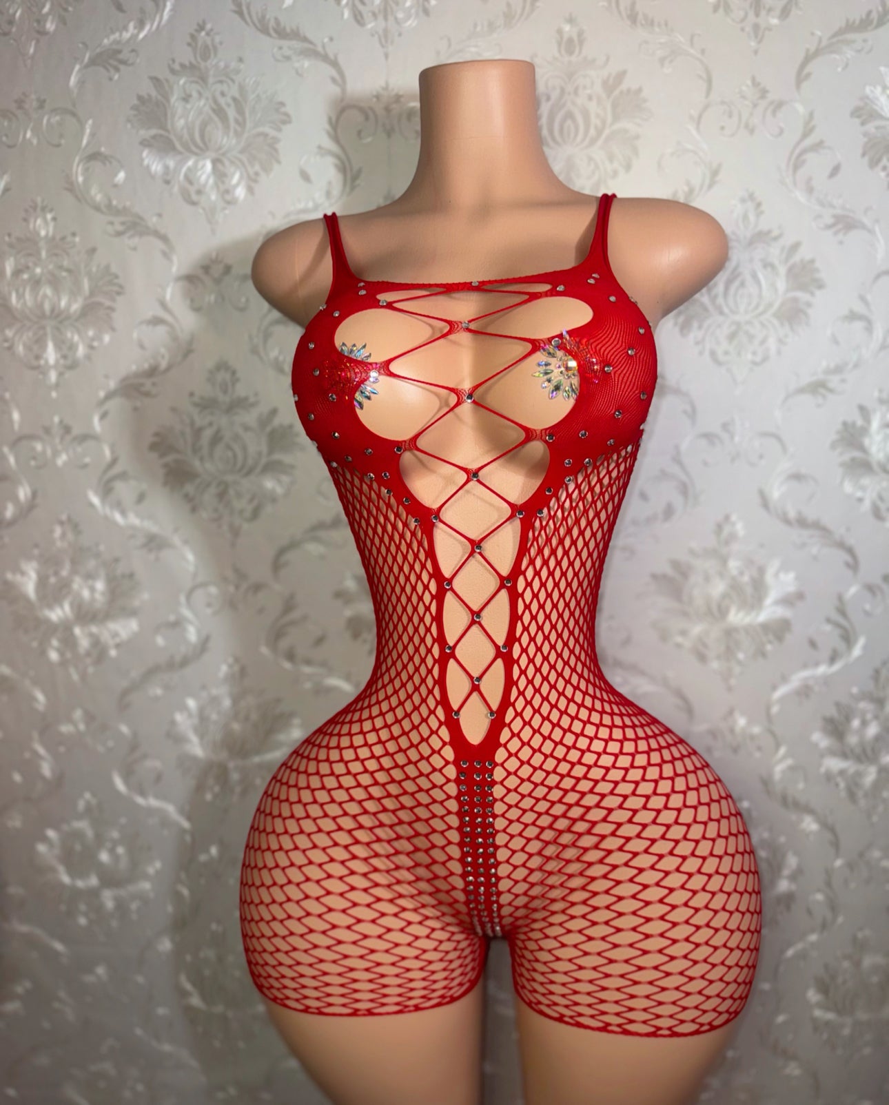 Divine Rhinestone Fishnet Romper Fits XS-L