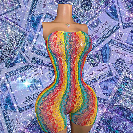Tesehki Rainbow Fishnet Strapless Romper