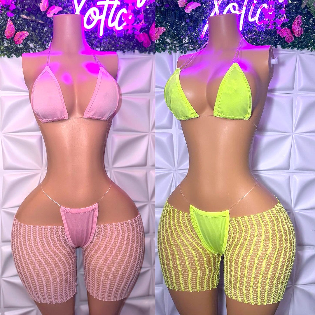 Chloe 3 Piece Set Plain Bikini and Cut Off Fishnet Shorts