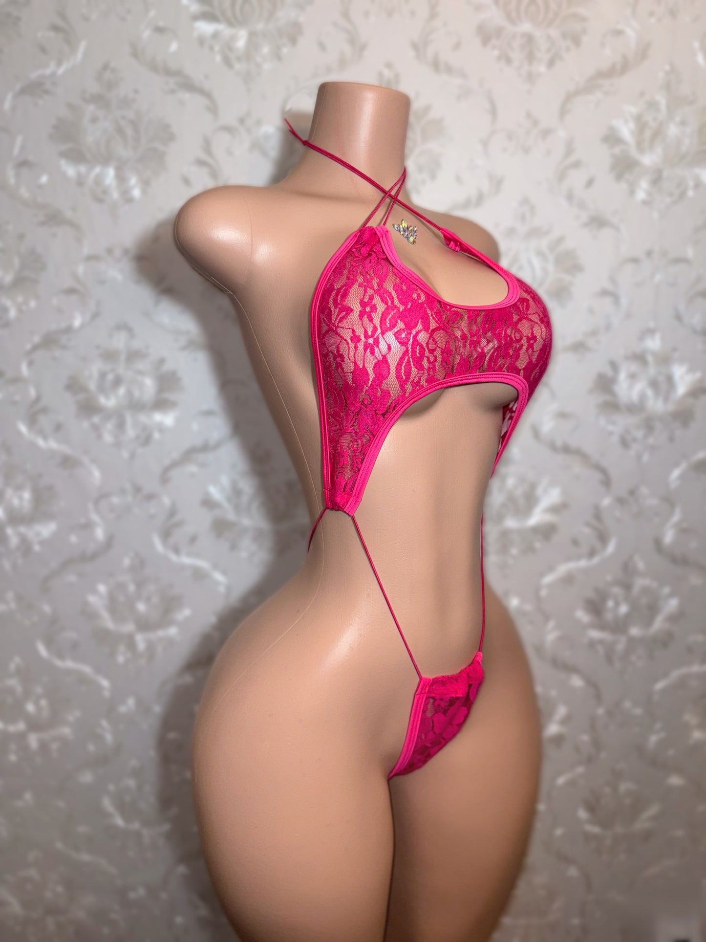 Sashay — Hot Pink Lace Slingshot Fits XS-M
