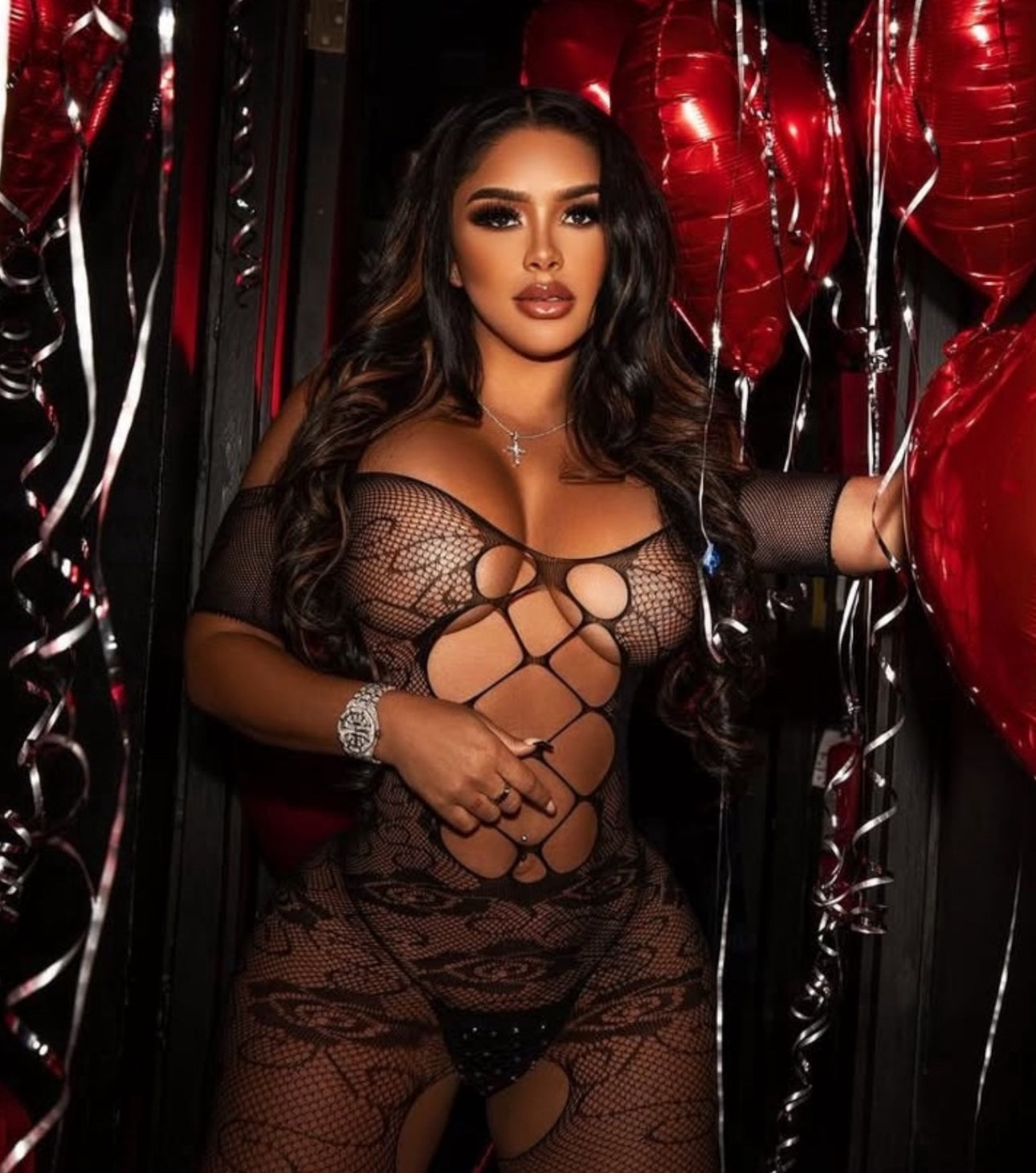 Rozay Short Sleeve Bodystocking Criss Cross Fishnet Jumpsuit