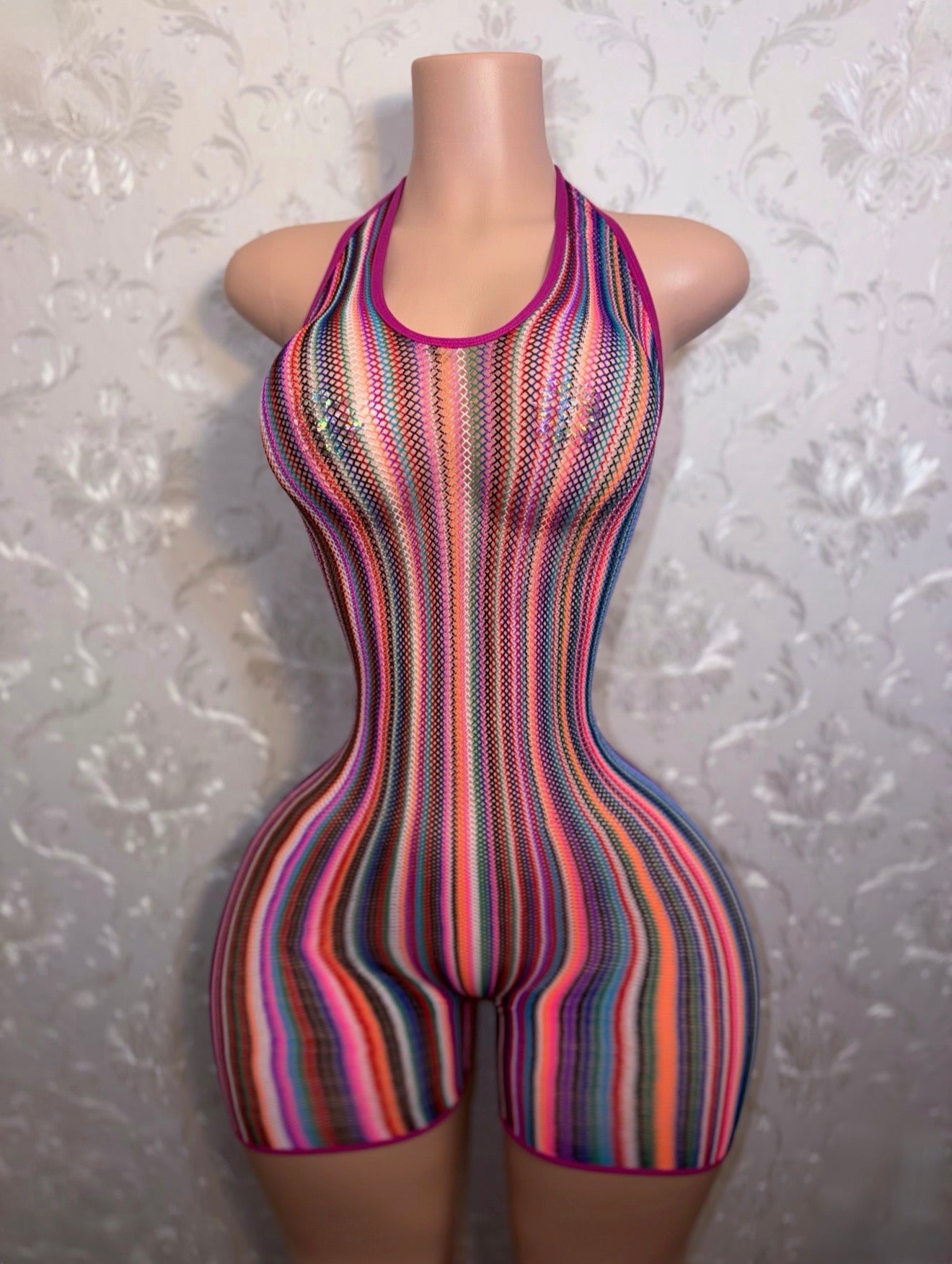 Onika Multicolor Halter Fishnet Romper Fits XS-XL