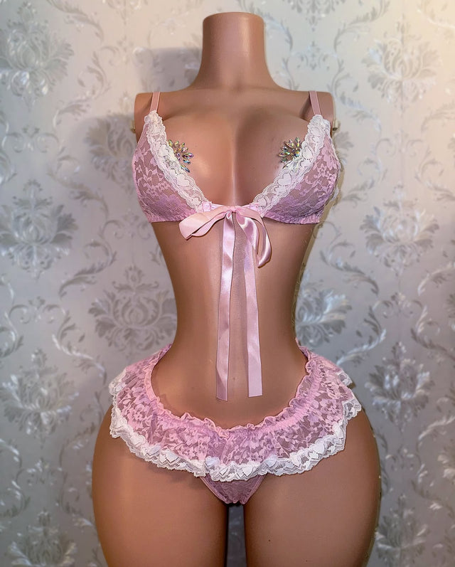 Sugar Baby Ruffle Trim 2 Piece Lace Bikini with Micro Skirt Thong