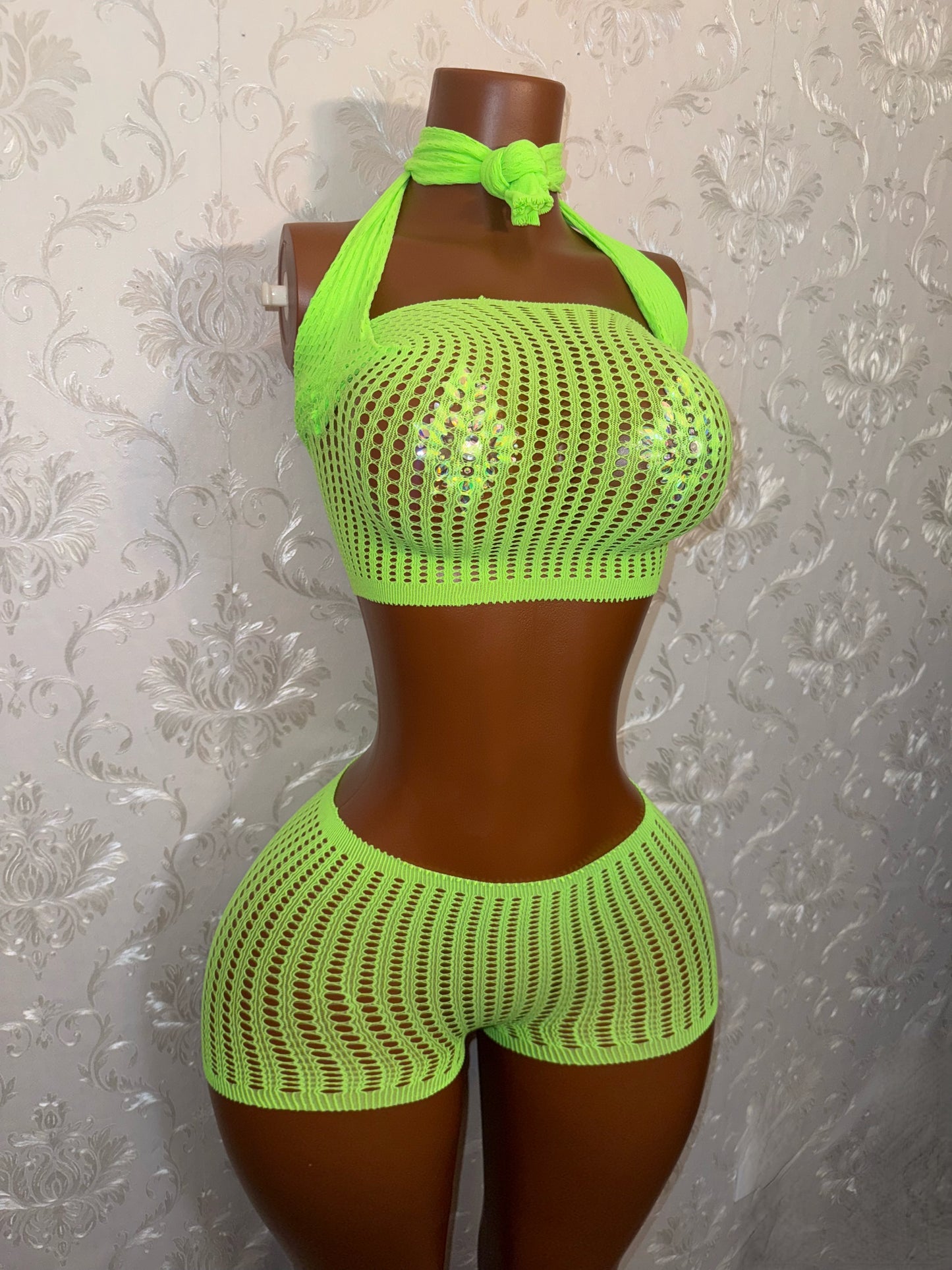 Caleesi Fishnet Long Sleeve Top and Shorts Set Bantu Knot Fits XS-L