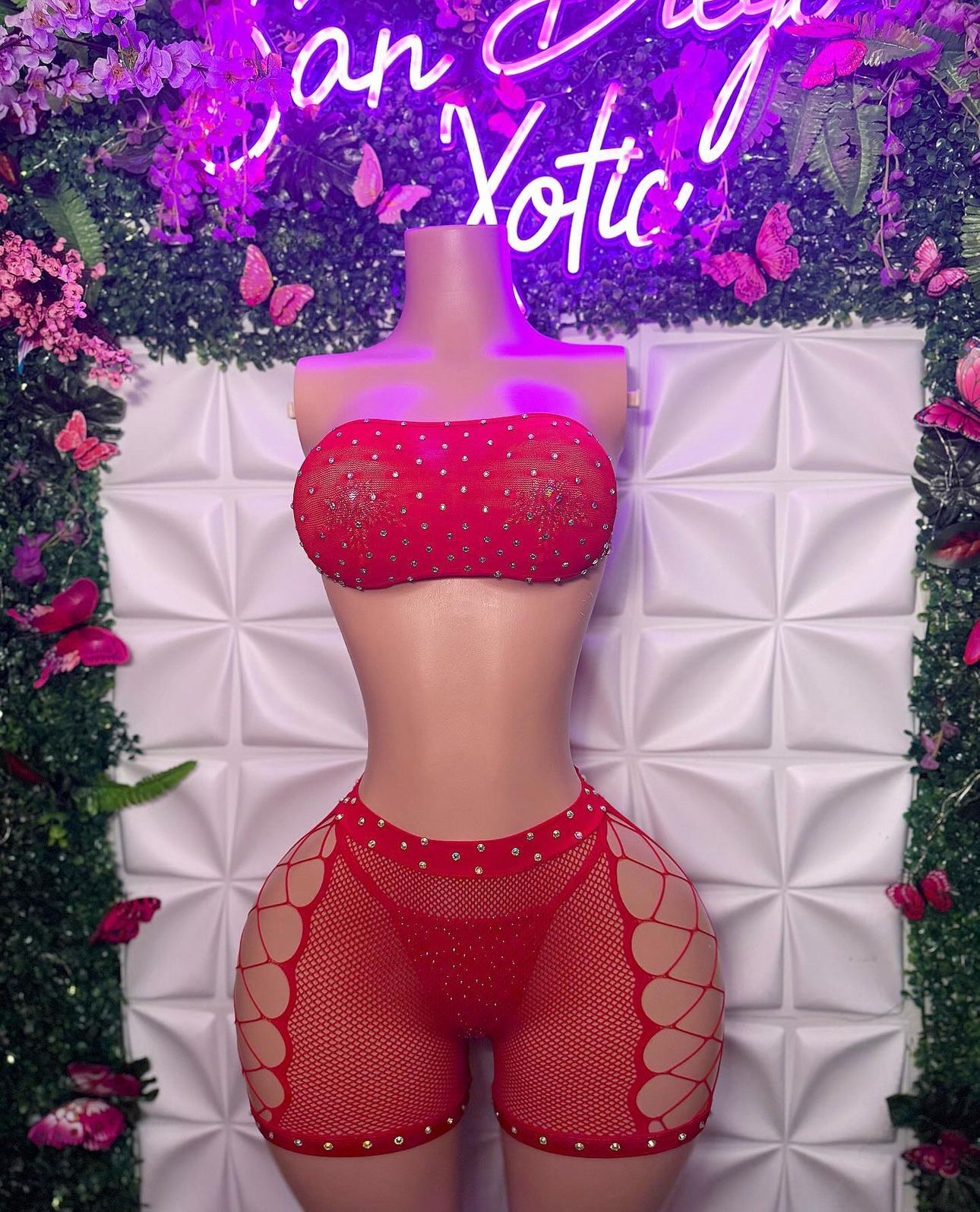 Majesty — Bandeau 3 Piece Stoned Fishnet Shorts Set & Bedazzled Thong Fits XS-L