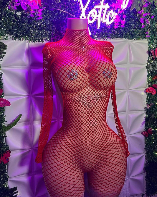 Lex Hollowed Out Long Sleeve Fishnet Romper Fits XS-M