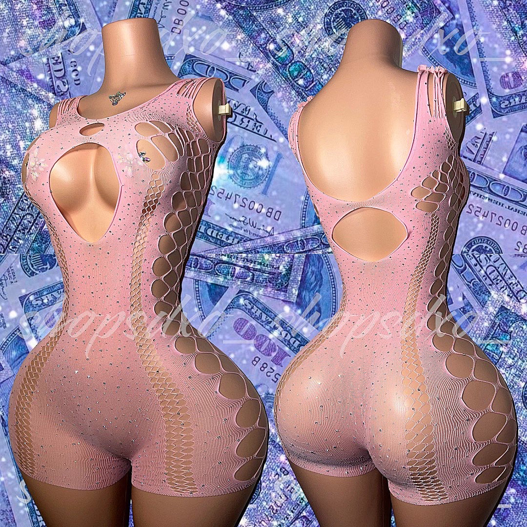 Tracie — Bedazzled Crop Tee Romper Baby Tee Fishnet Romper Fits XS-XL