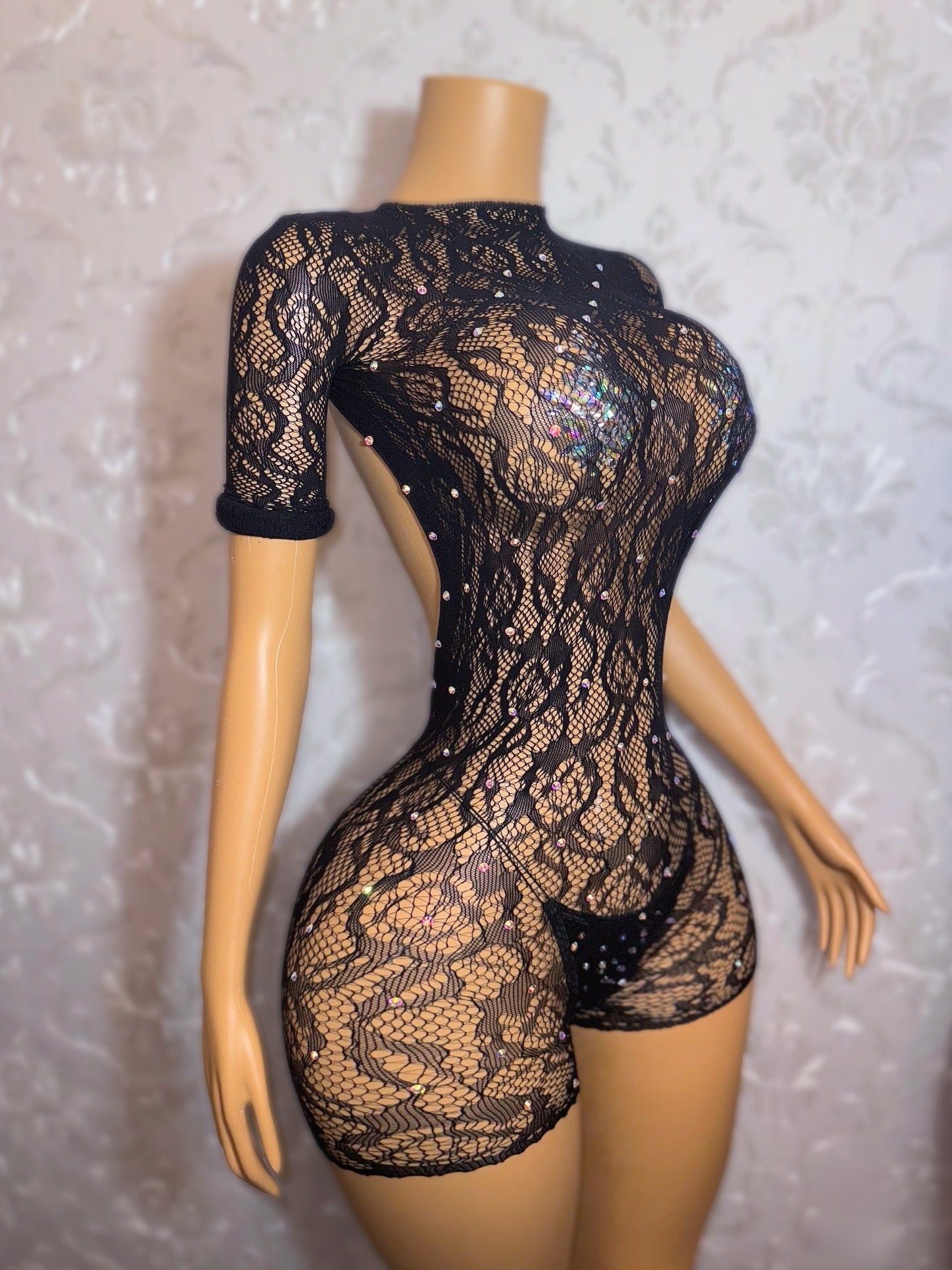 Suriyah — Rolled Sleeve Rhinestone Backless Fishnet Romper Fits XS-M