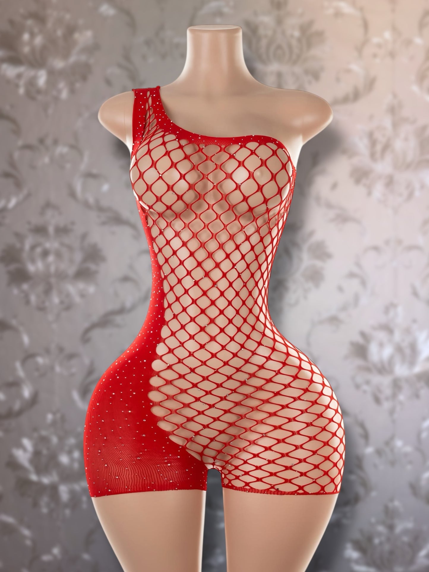 Holiday — Birthday Suit Bedazzled Romper Asymmetrical Fishnet Fits XS-L Optional Extra Stones
