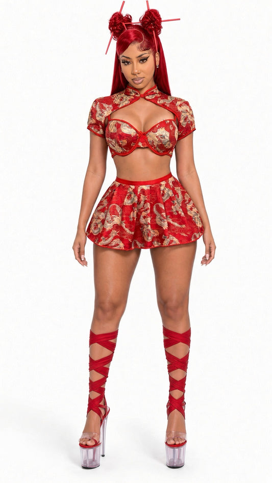 Chinese Dragon 5 Piece Set With Sheer Red Stockings