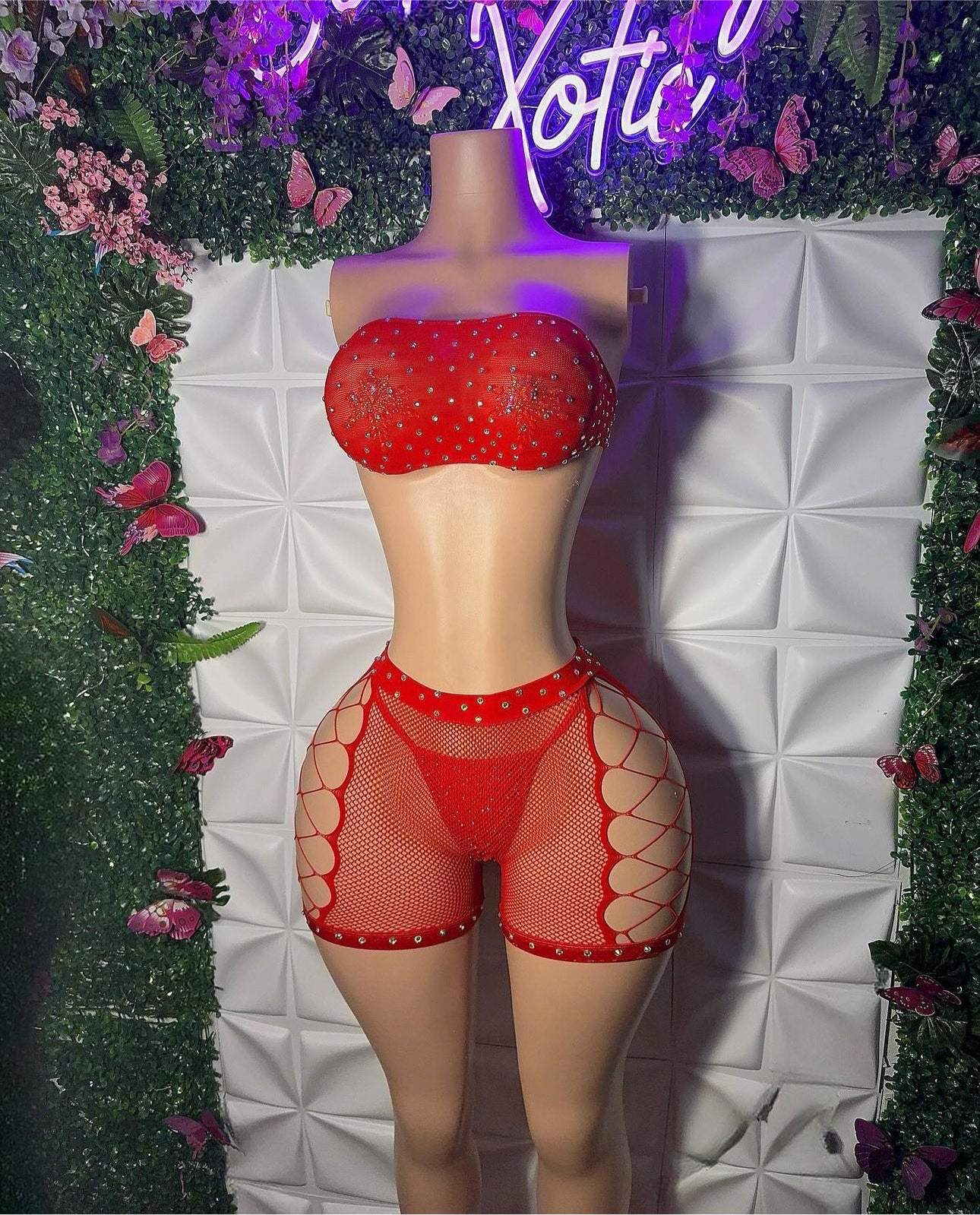 Majesty — Bandeau 3 Piece Stoned Fishnet Shorts Set & Bedazzled Thong Fits XS-L
