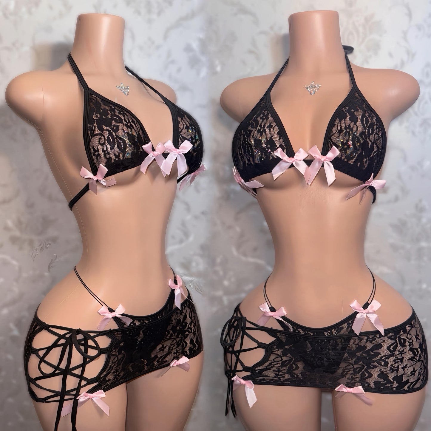 Black Lace 3 Piece Floral Lace Skirt Set Fits XS-L