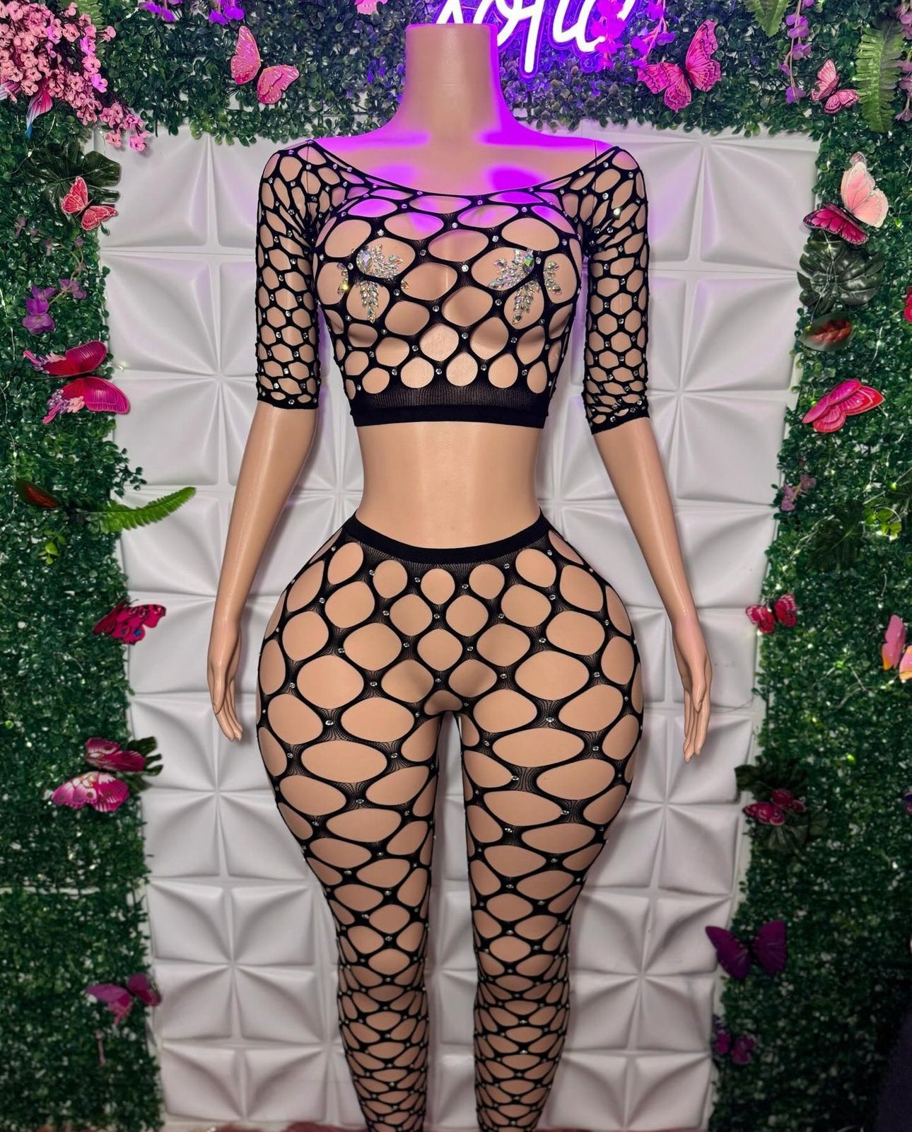 Stella — Diamond Pothole Rhinestone Fishnet 2 Piece Legging Set Fits S-XL