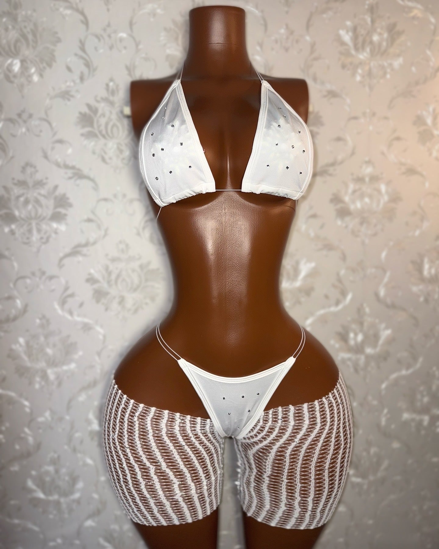 Chyna — 3 Piece Set Triangle Bikini with Clear Stones & Cut-Off Fishnets