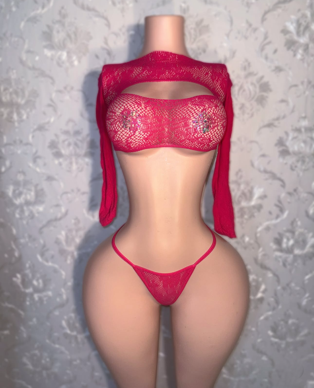 Kawaii Lace Long Sleeve Crop Top and Thong 2 Piece Fits XS-L