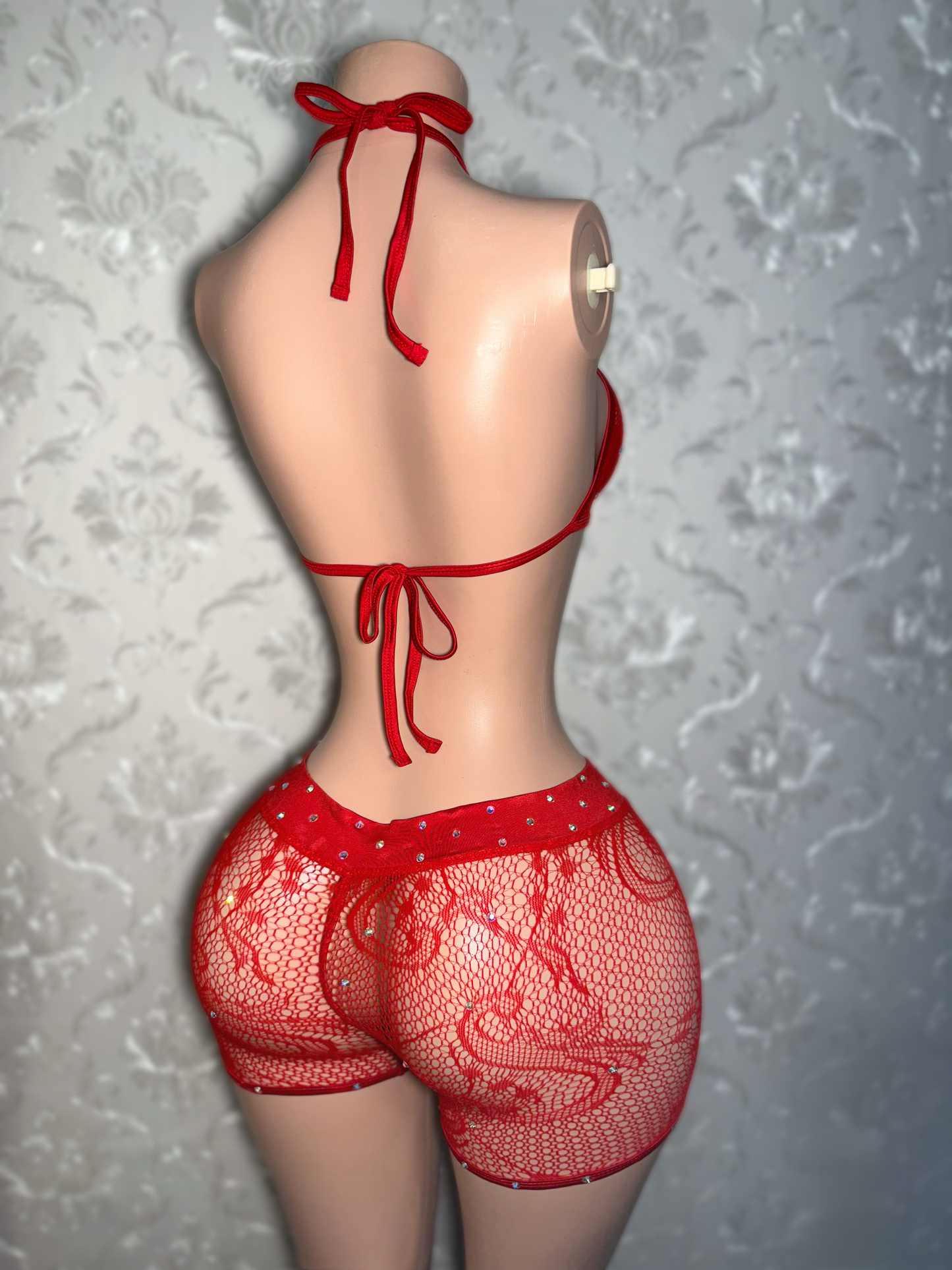 Geysha — Red Dragon Fishnet Shorts Set Fits S-L and Curvy L-XL