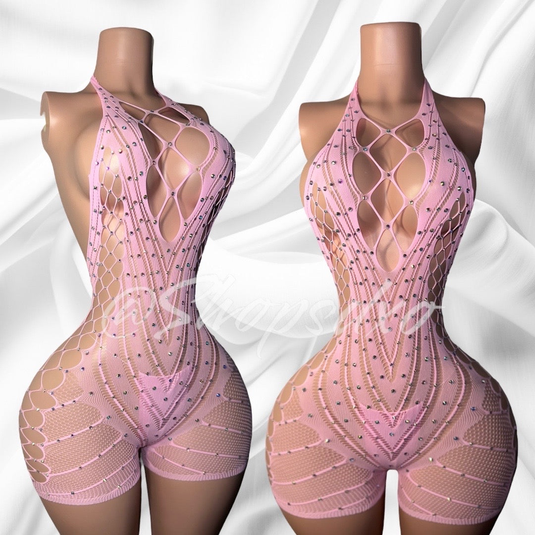 PLT Original Halter Fishnet Romper with Rhinestones Fits XS-XL